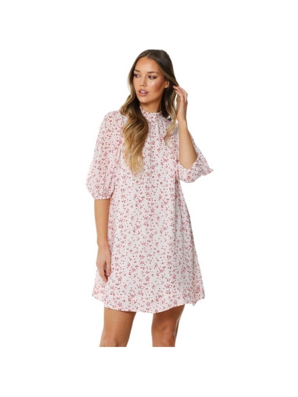 GANNI Floral Printed Georgette High-Neck Red White Mini Dress NWOT Size 36 US 4
